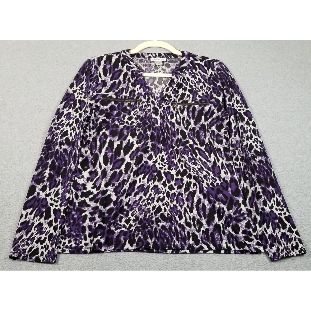 Jaclyn Smith Blouse Women S Small Purple Black Leopard Print Long Sleeve Stretch